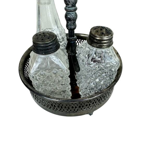 Vintage Italy Raimond Silver Plate Castor Cruet Salt Pepper Oil Textured Glass - Picture 2 of 9